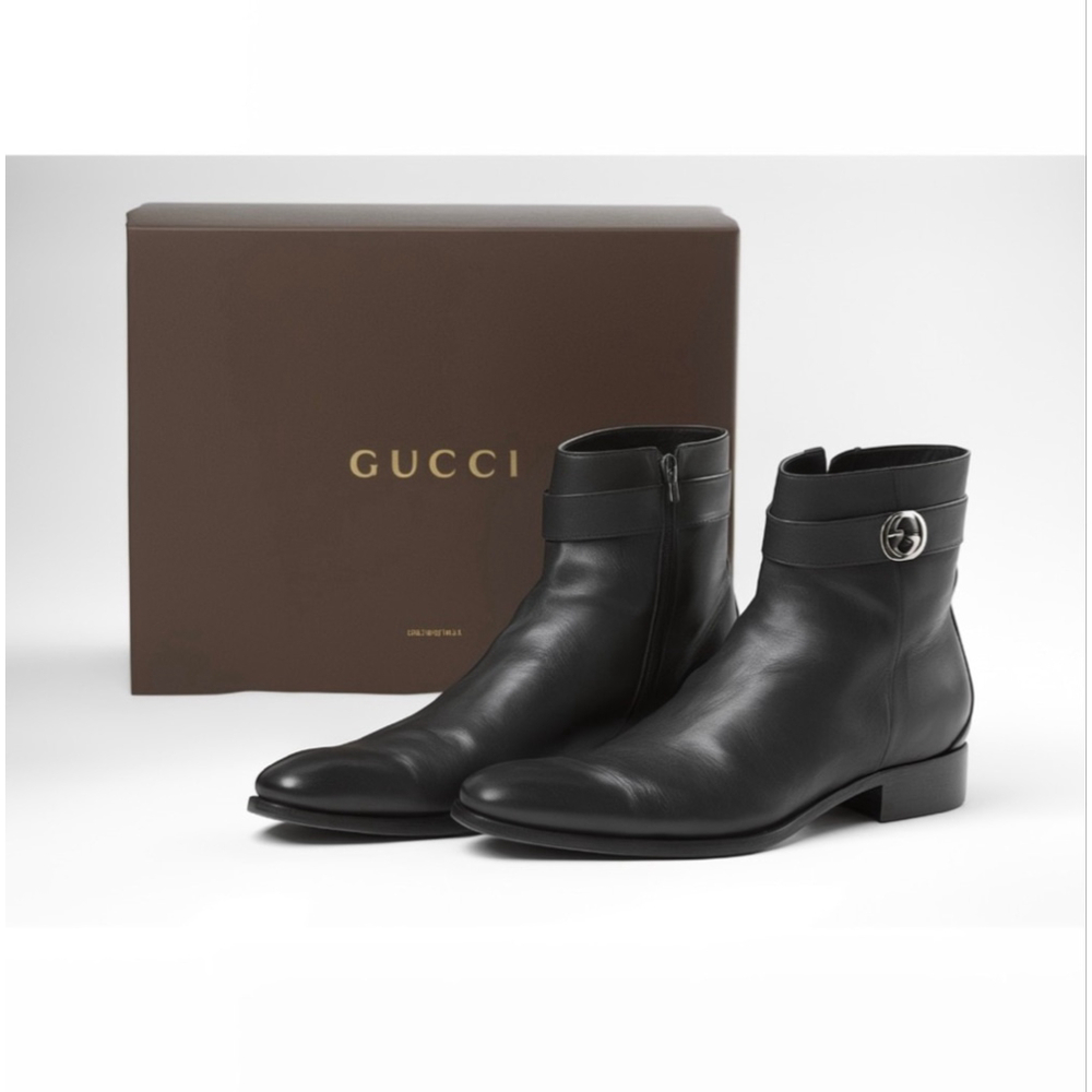 Gucci Men's Black Leather Ankle Boots, 7.5 or US 8 Men’s
